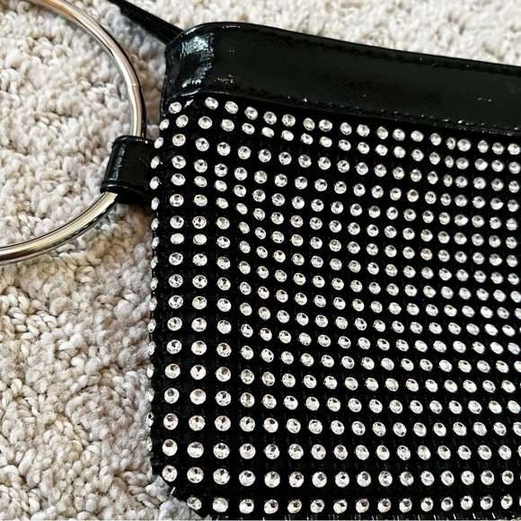 Black Patent Leather Rhinestone Bling Clutch Handbag Silver Biker Moto Wristlet - Picture 3 of 8